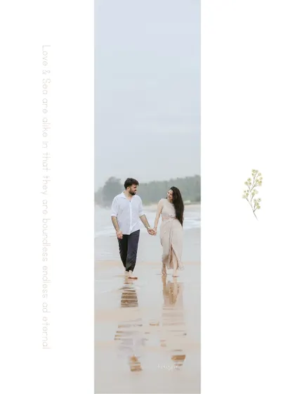 An artistic, minimalist shot of a couple walking on the beach, with a quote about the eternal nature of love and the sea.