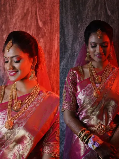 A vibrant Muhurtham look with dramatic lighting, created by a student. This shows their ability to work with different lighting setups.