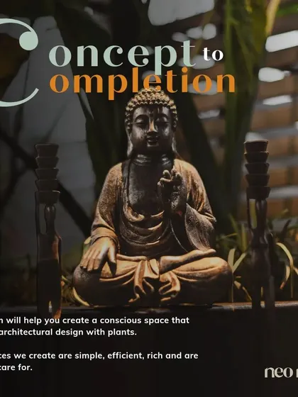 This graphic, featuring a serene Buddha statue, encapsulates my "Concept to Completion" promise. I work to create conscious spaces that marry architectural design with the natural beauty of plants.