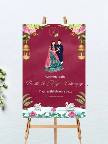 This signage for a Battisi and Mayra ceremony uses a captivating deep red background. I incorporated elegant lotus and swan elements to create a design that feels both regal and deeply rooted in Indian tradition.