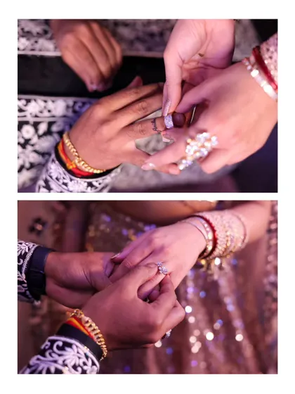 A close-up of the ring exchange. This shot focuses on the hands and the rings, symbolizing the promise being made.