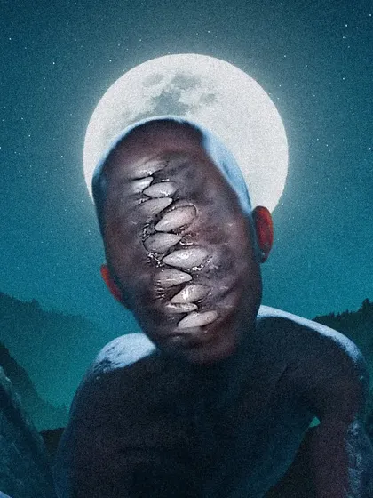 A tight close-up on the face of the "Under the full moon" creature. This shot emphasizes the detailed modeling of the teeth and the unsettling texture of the skin, backlit by a full moon.