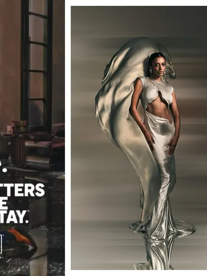A celestial-themed shoot where the model wears a liquid-silver gown that appears to be in motion. The styling creates a futuristic and ethereal look, as if the fabric itself is from another world.