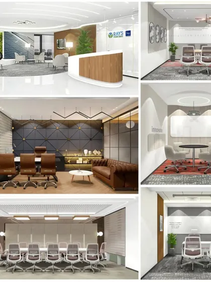 A collage of 3D renders for the Rays Power office project. This board displays our comprehensive design vision, including the reception, executive cabins, and various meeting room configurations, ensuring a cohesive aesthetic throughout.