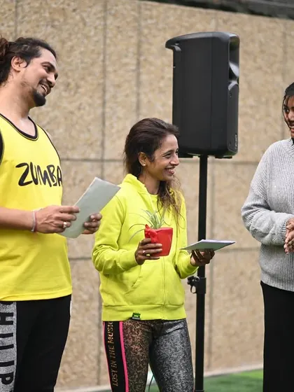 A moment of appreciation after a successful corporate Zumba event. It's rewarding to see people connect and de-stress through dance.