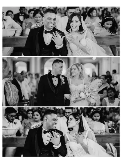 A black and white collage of candid moments during the church ceremony. It captures the couple's joy, laughter, and interactions after exchanging rings.