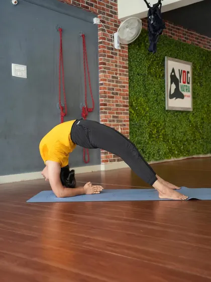 This is Dwi Pada Viparita Dandasana, or Forearm Wheel Pose. It's a very deep backbend that requires significant shoulder and thoracic spine flexibility, as well as strong legs to support the pose.