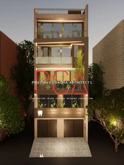 A dusk visualization of the Mukherjee Nagar residence, showcasing how the facade lighting begins to take effect as the sun sets.