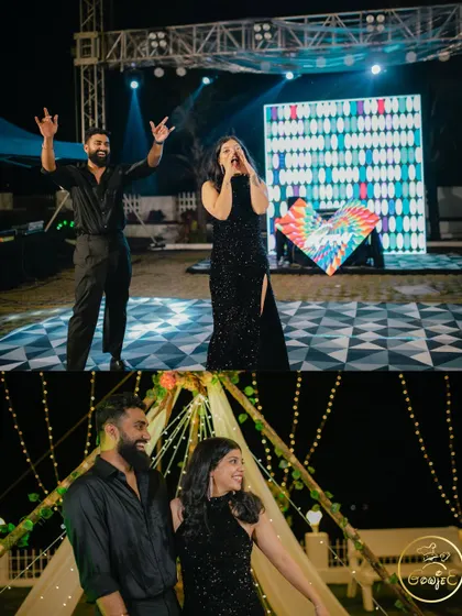 The couple taking the stage to sing and dance at their Sangeet party.