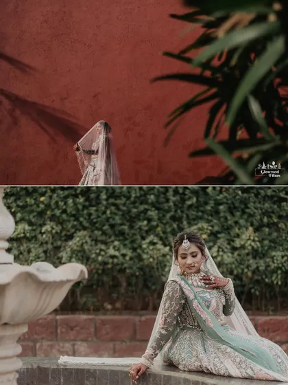A diptych of the bride, Bhavi, posing by a fountain and against a red wall, showcasing her beautiful pastel lehenga.
