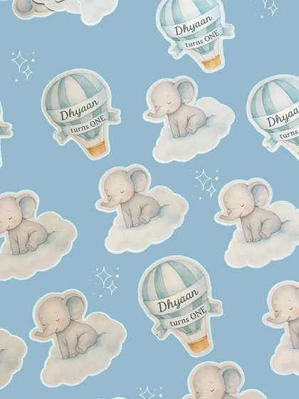 I designed this custom wrapping paper featuring sleepy elephants on clouds and hot air balloons for the birthday boy's return gifts.