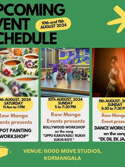 The workshop schedule for mid-August, featuring pot painting and two different dance workshops. There's always something new to learn with us.