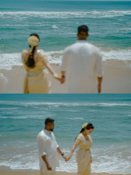 A couple holds hands, looking out at the endless ocean. This photo captures a quiet, contemplative moment from their destination wedding in Chennai.