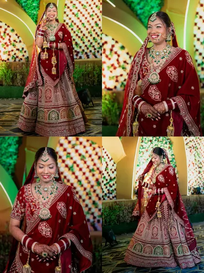 A collage of the bride, Mamta, in her beautiful red velvet lehenga, showcasing her radiant smile and elegant poses.