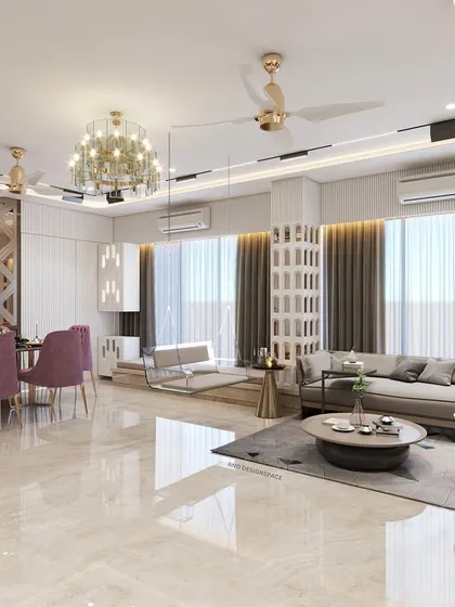 This render shows the full scope of the Borivali living room, including the custom jali partition and indoor swing. 3D visualization allows clients to see how unique, custom elements will fit into the overall design.