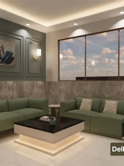 This 3D render shows a comfortable and stylish office waiting lounge. The sage green sofas, paneled walls, and modern art create a relaxed yet professional atmosphere for visitors.