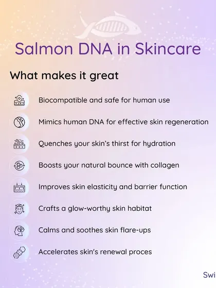 Salmon DNA, or Polynucleotides, is a revolutionary ingredient because it's biocompatible and mimics human DNA for effective regeneration. It quenches the skin's thirst, boosts collagen, improves elasticity, and calms flare-ups, making it a true multi-tasker for skin health.