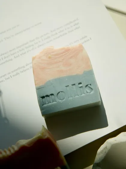 This is my Aqua soap bar, a little piece of the ocean for your daily ritual. It’s inspired by the salty sea breeze and made with skin-loving oils for a refreshing cleanse. Each bar is hand-poured and hand-cut, with a unique design in every slice.