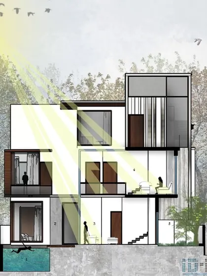 A conceptual section of a residence, showing how we integrate a swimming pool, double-height living area, and garden to create a bright, interconnected home.