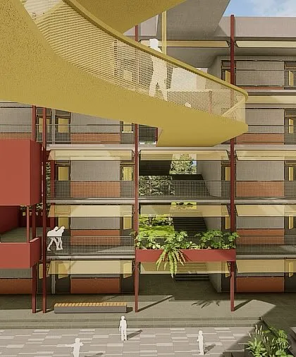 **School Design Proposal, Ahmedabad:** A render of our proposal for a new school. The design features a C-shaped building around a central plaza, with double-height "pause spaces" and a connecting bridge to encourage interaction, exploration, and play.
