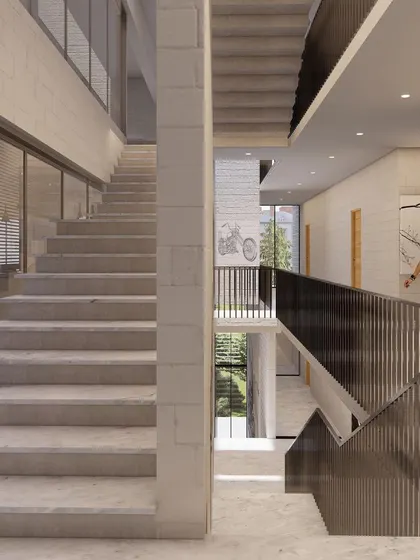 The multi-level atrium and circulation spaces in our Nandi Souls design. We designed the common amenities along this vertical path to make walking up the stairs an interesting and social experience.