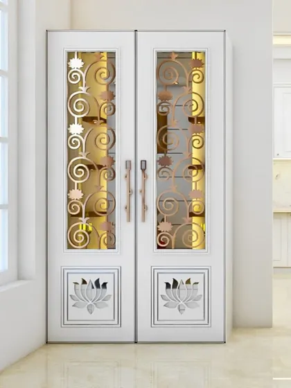 I designed these ornate double doors for a dedicated pooja room. The white doors feature beautiful gold jali work with lotus motifs, creating a grand and sacred entrance.