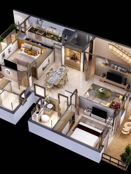A 3D floor plan with a modern interior design scheme. The rendering details the furniture, textures, and lighting within each room from a bird's-eye perspective.