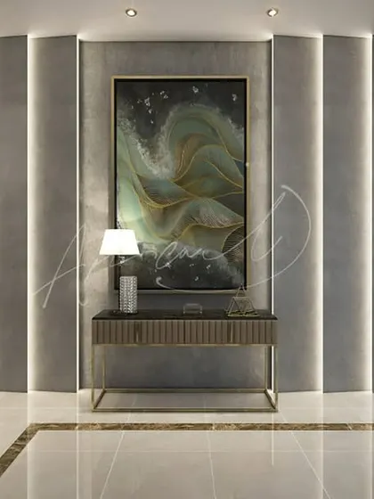 A minimalist and spacious foyer with a large abstract painting as the focal point. The sleek console table and vertically lit wall panels add to the modern, gallery-like feel.