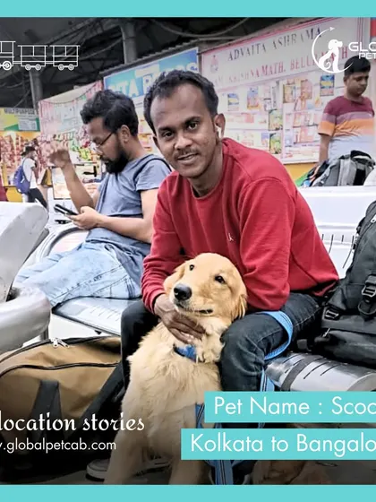 Our handler with Scooby, a Golden Retriever, at the station before their trip from Kolkata to Bangalore. Our handlers are trained to keep pets calm and comfortable in busy environments.