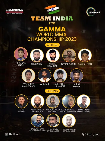 Team India for the GAMMA World MMA Championship 2023. I was honored to be the official Referee and Coach for our national team, which included several of my own students.