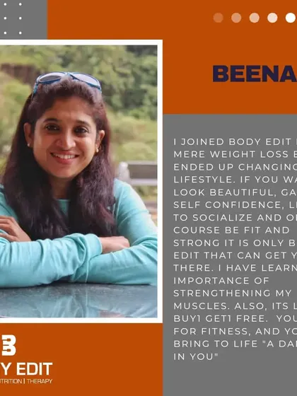 Member testimonial from Beena, who found that joining for weight loss led to a complete lifestyle change, improved confidence, and rediscovering the dancer within her.
