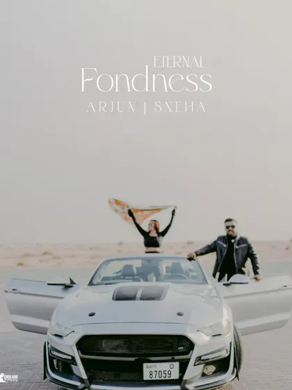 Modern love meets vintage power. This shot with a classic convertible in the desert is for couples who want a pre-wedding shoot with style, attitude, and a touch of editorial flair.