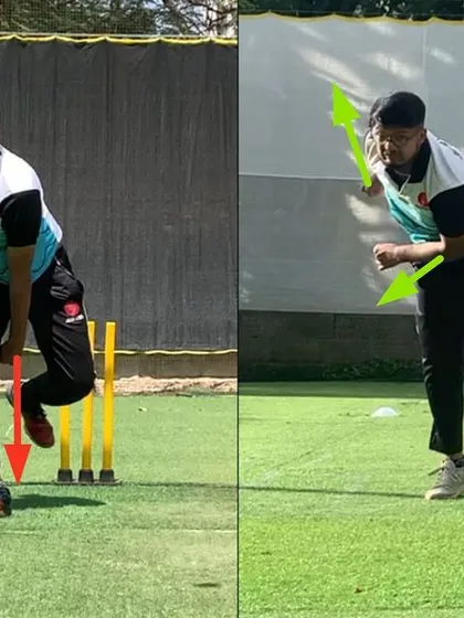 This left arm wrist spinner lacked front leg control, causing his body to collapse. We built his action from the basics, focusing on achieving a strong, upright body position and a complete arm flow to the finish.