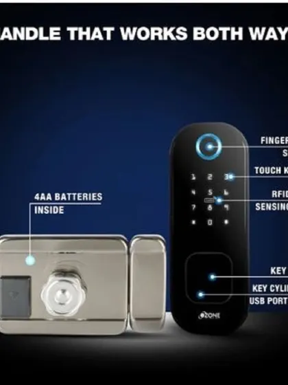 A feature breakdown of the Ozone Cleo Life Std smart lock. This image details the internal battery unit and the external keypad, highlighting the fingerprint sensor, RFID area, and hidden key cylinder.