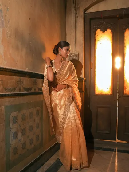 The full effect of this stunning golden tissue saree. The fabric has a beautiful, subtle shimmer that exudes luxury, making it a timeless addition to any festive wardrobe.