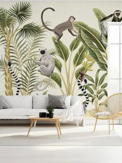A playful and stylish wallpaper featuring various monkeys and lemurs in a jungle setting.