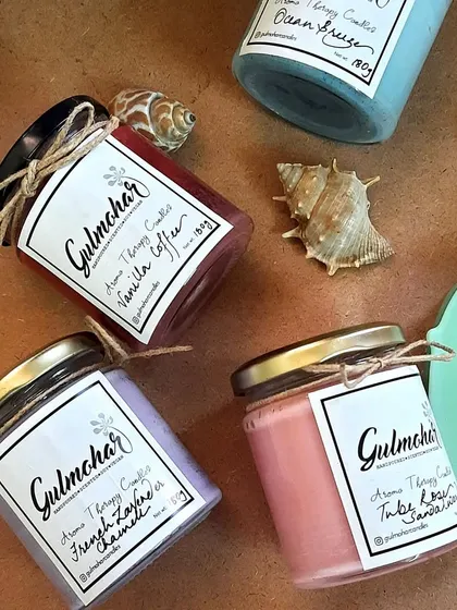 A collection of my aromatherapy candles in various scents like French Lychee, Tuberose, and Vanilla Coffee.
