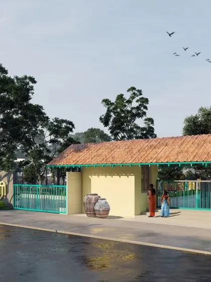 Another view of the park entrance, showing how traditional architectural forms like perforated 'jali' walls are integrated into the design to provide ventilation and visual interest.