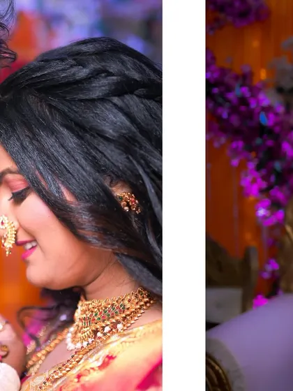 A collage that pairs a close-up of the bride's happy face with a shot of the groom, creating a sense of connection and shared emotion.