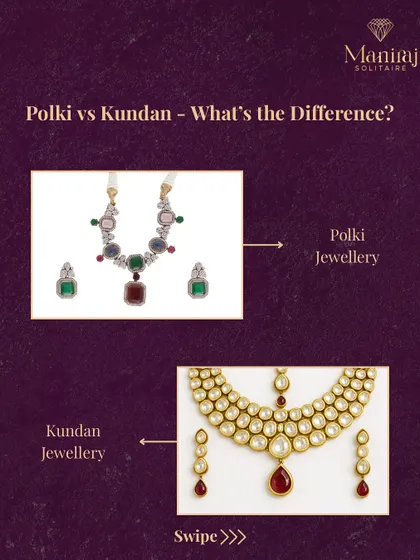 Polki vs Kundan, what's the real difference? This guide shows you side-by-side examples. Polki jewellery uses real, uncut diamonds, while Kundan jewellery traditionally uses glass or gemstones set in gold foil.