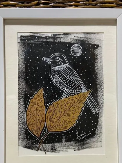 This sold painting by Puja Kumari features a bird on leaves against a black and white background. We are grateful for the support of collectors who appreciate and acquire such unique and meaningful art.