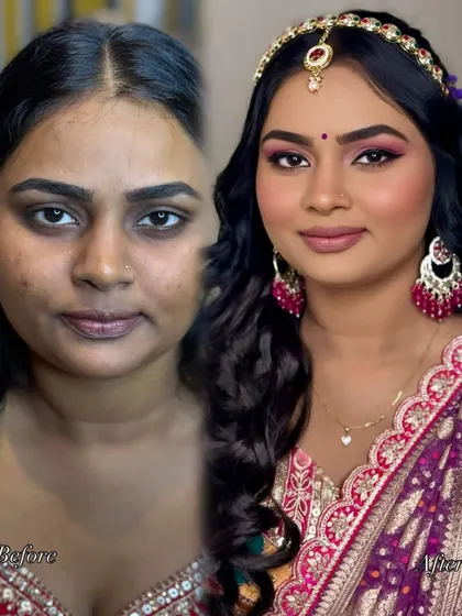 This before and after showcases the power of professional skin prep and color correction. Notice how the skin tone is evened out and the features are defined for a flawless bridal look.