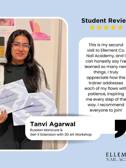 A glowing review from Tanvi, who attended our Russian Manicure & Gel-X workshops. She appreciates the patience of our trainer and how she was inspired every step of the way.