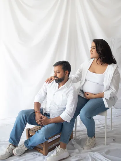 A relaxed couple's portrait from a casual, all-white-and-denim themed session.