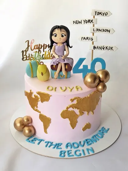 Let the adventure begin! A travel-themed cake for a 40th birthday, featuring a world map, luggage, and a signpost pointing to dream destinations.