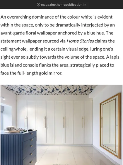 This feature showcases a walk-in closet where we used a statement floral wallpaper on the ceiling to add a dramatic and unexpected touch of avant-garde design.