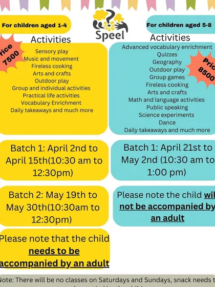 Here is all the essential information for our upcoming summer camps. We have structured our batches by age group to ensure activities are perfectly suited for your child's developmental stage. You can see the schedule, pricing, and a list of activities we offer for both the 1-4 and 5-8 year old groups.