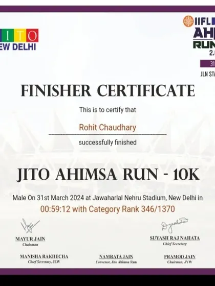 I practice what I preach. Here is my finisher certificate from the JITO Ahimsa 10k Run, where I finished in under an hour. When I create a 10k race preparation plan for you, it's based on real experience and proven methods.