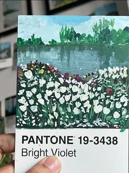 A tiny landscape painted on a Pantone card. This series is a fun way to challenge myself and create small, collectible pieces of art.