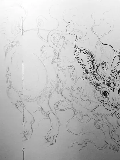 The initial sketch of the mythical rabbit, focusing on the movement and the placement of the surreal elements.